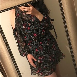Express open shoulder polka dot with floral dress